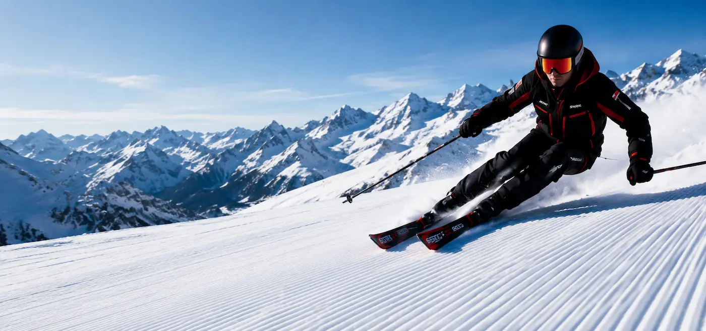 Stöckli skier carving on a groomed mountain slope